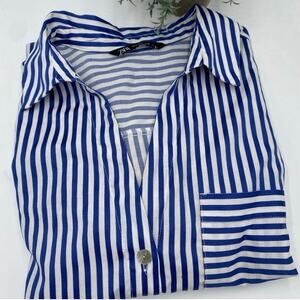 Zara Blue‎ White Striped Collared Tunic Long Sleeve Shirt Dress Size Medium